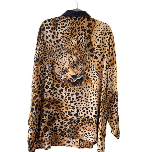 Bloomingdales Womens Silk Cheetah Print Button-Up Shirt Genuine Leather Collar - Picture 14 of 16